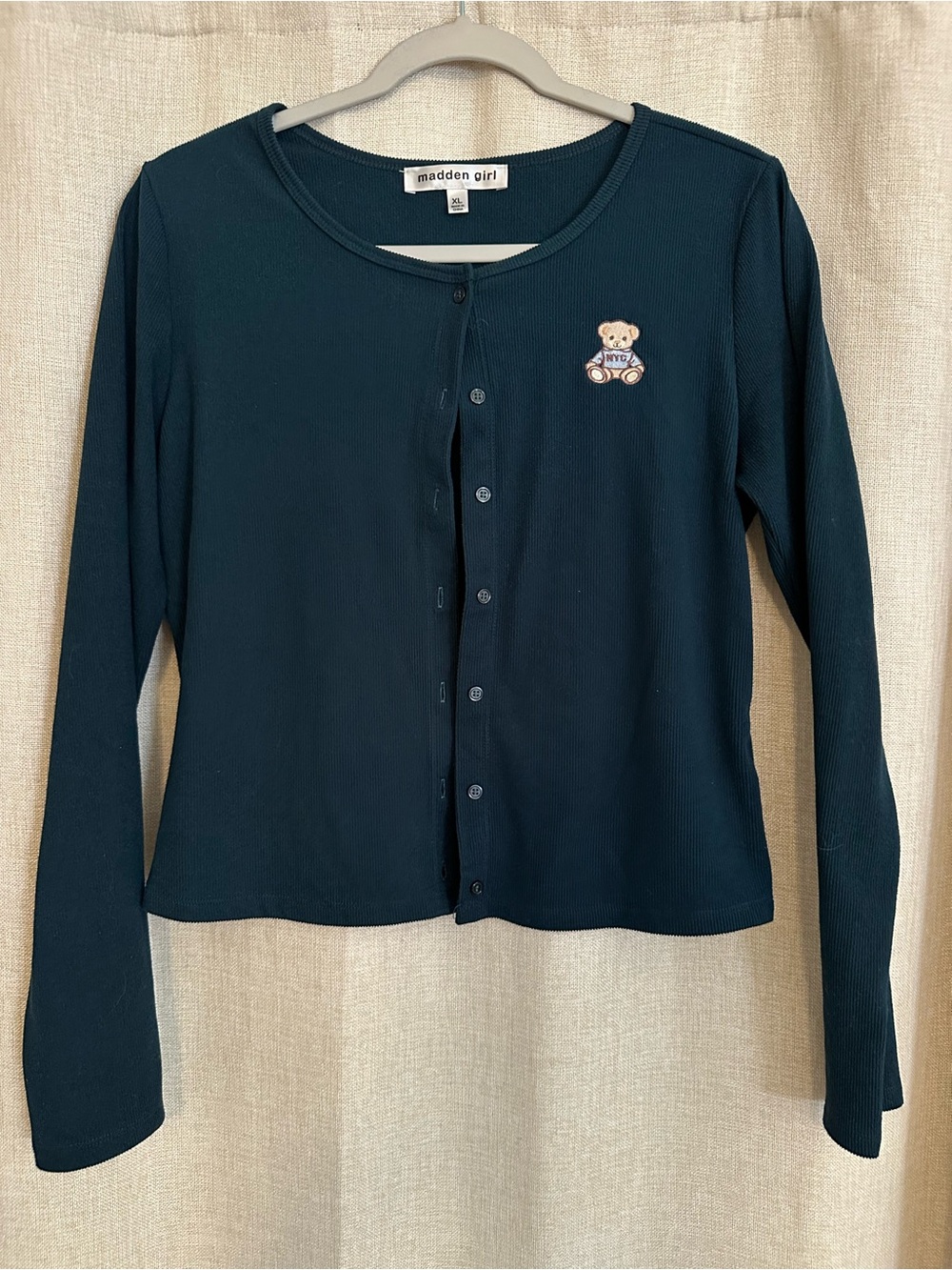 Madden Girl Junior’s Size Long-Sleeve Button Cardigan with NYC Bear Patch